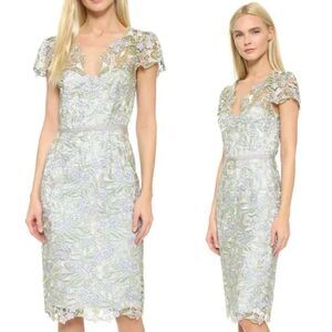 Marchesa Notte Ice Bell Bloom Sheath Crochet Overlay Dress Muted Blue Sz 8